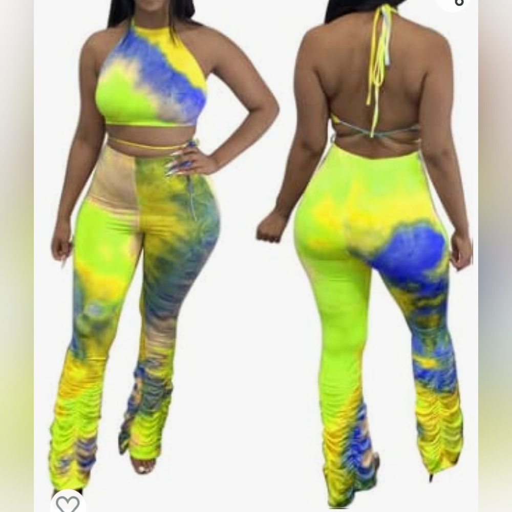 Set Cropped Top Ruched Pant Neon Tie Dye Yellow Size XL Casual